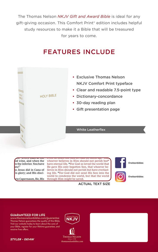NKJV, Gift and Award Bible, Leather-Look, White, Red Letter, Comfort Print: Holy Bible, New King James Version