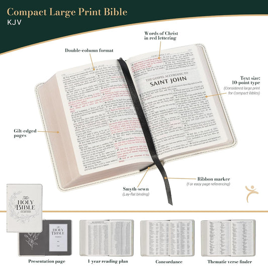 KJV Holy Bible, Compact Large Print Vegan Leather Red Letter Edition - Ribbon Marker, King James Version, Pearlized White (KJV Compact LP Editions)