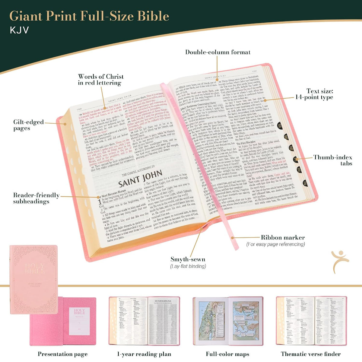KJV Holy Bible, Giant Print Full-size Faux Leather Red Letter Edition - Thumb Index & Ribbon Marker, King James Version, Pink (KJV Full Size GP Editions)