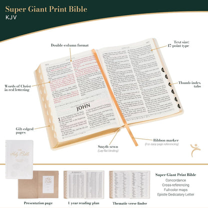 KJV Holy Bible, Super Giant Print Red Letter Edition - Thumb Index Tabs & Ribbon Marker, King James Version, Vegan Leather, White (KJV Super Giant Print Editions)