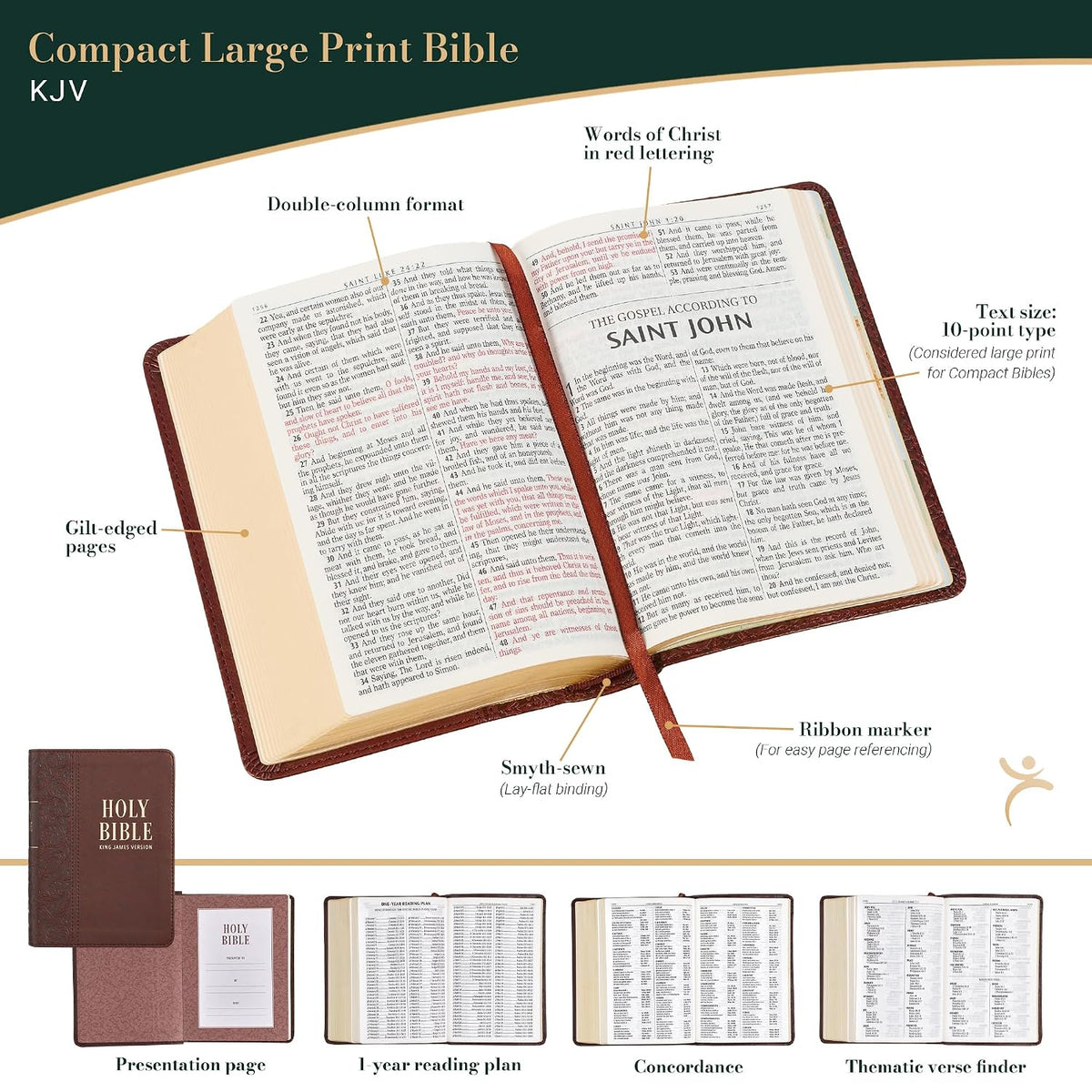 KJV Holy Bible, Compact Large Print Faux Leather Red Letter Edition - Ribbon Marker, King James Version, Medium Brown (KJV Compact LP Editions)