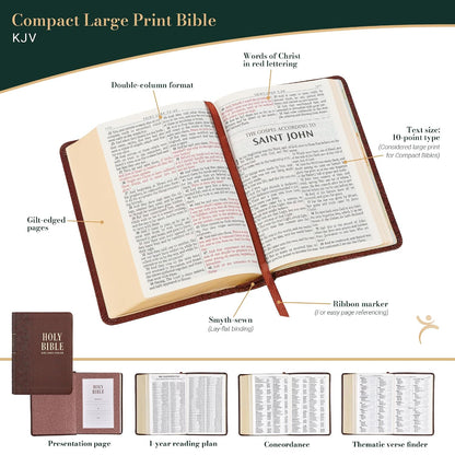 KJV Holy Bible, Compact Large Print Faux Leather Red Letter Edition - Ribbon Marker, King James Version, Medium Brown (KJV Compact LP Editions)