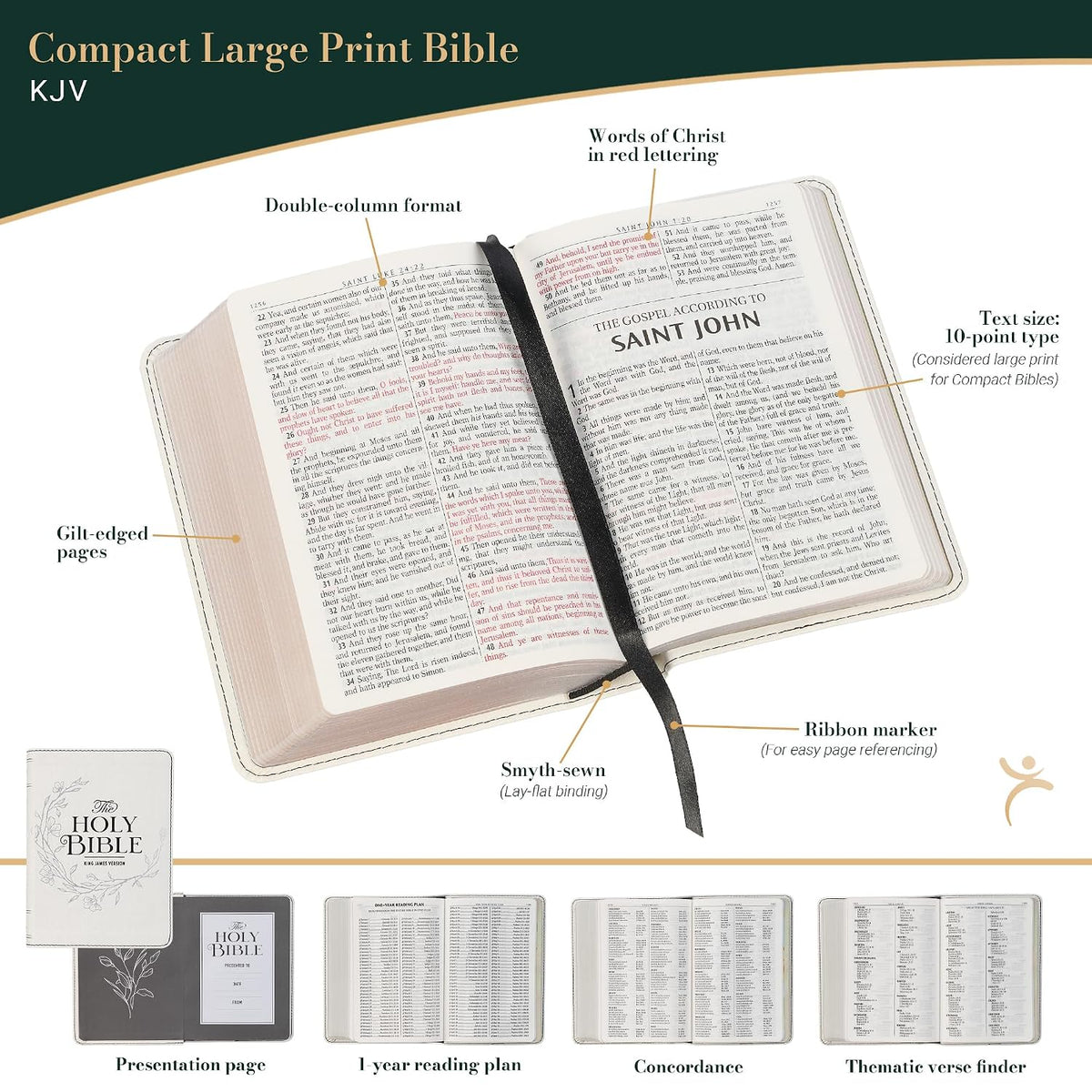 KJV Holy Bible, Compact Large Print Vegan Leather Red Letter Edition - Ribbon Marker, King James Version, Pearlized White (KJV Compact LP Editions)