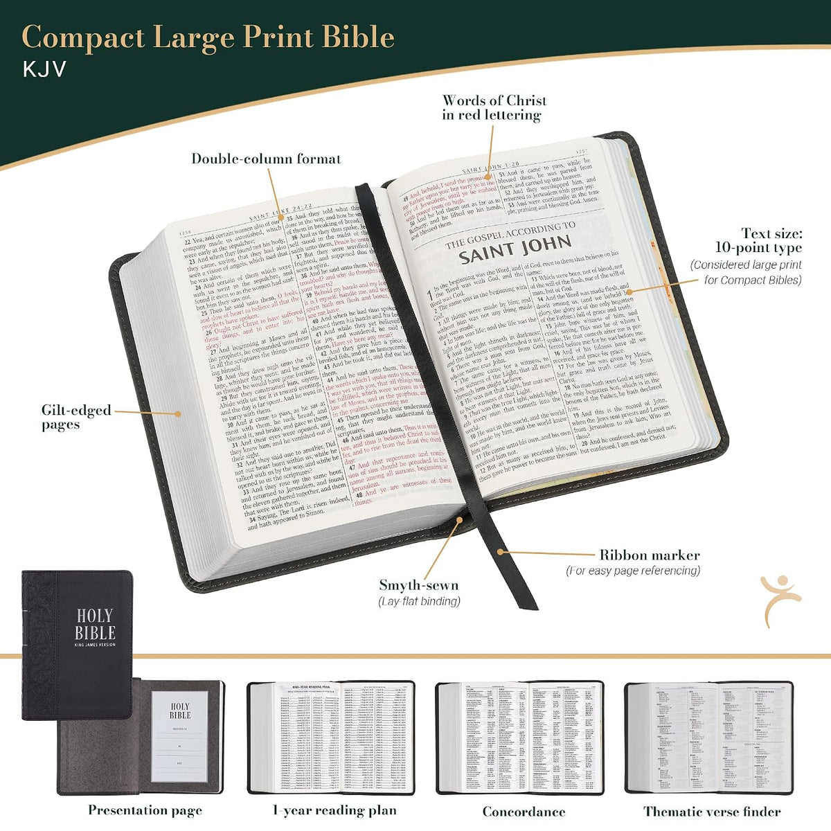 KJV Holy Bible, Compact Large Print Faux Leather Red Letter Edition - Ribbon Marker, King James Version, Black (KJV Compact LP Editions)