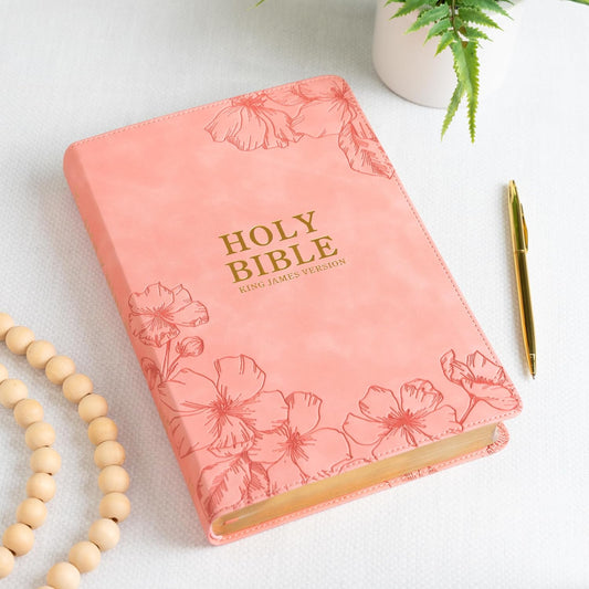 KJV Holy Bible, Giant Print with Cross-References, Soft Pink LeatherTouch with Floral Cover Design, Thumb Index, Ribbon Marker, Red Letter, Full-Color Maps, Easy-to-Read MCM Type, King James Version